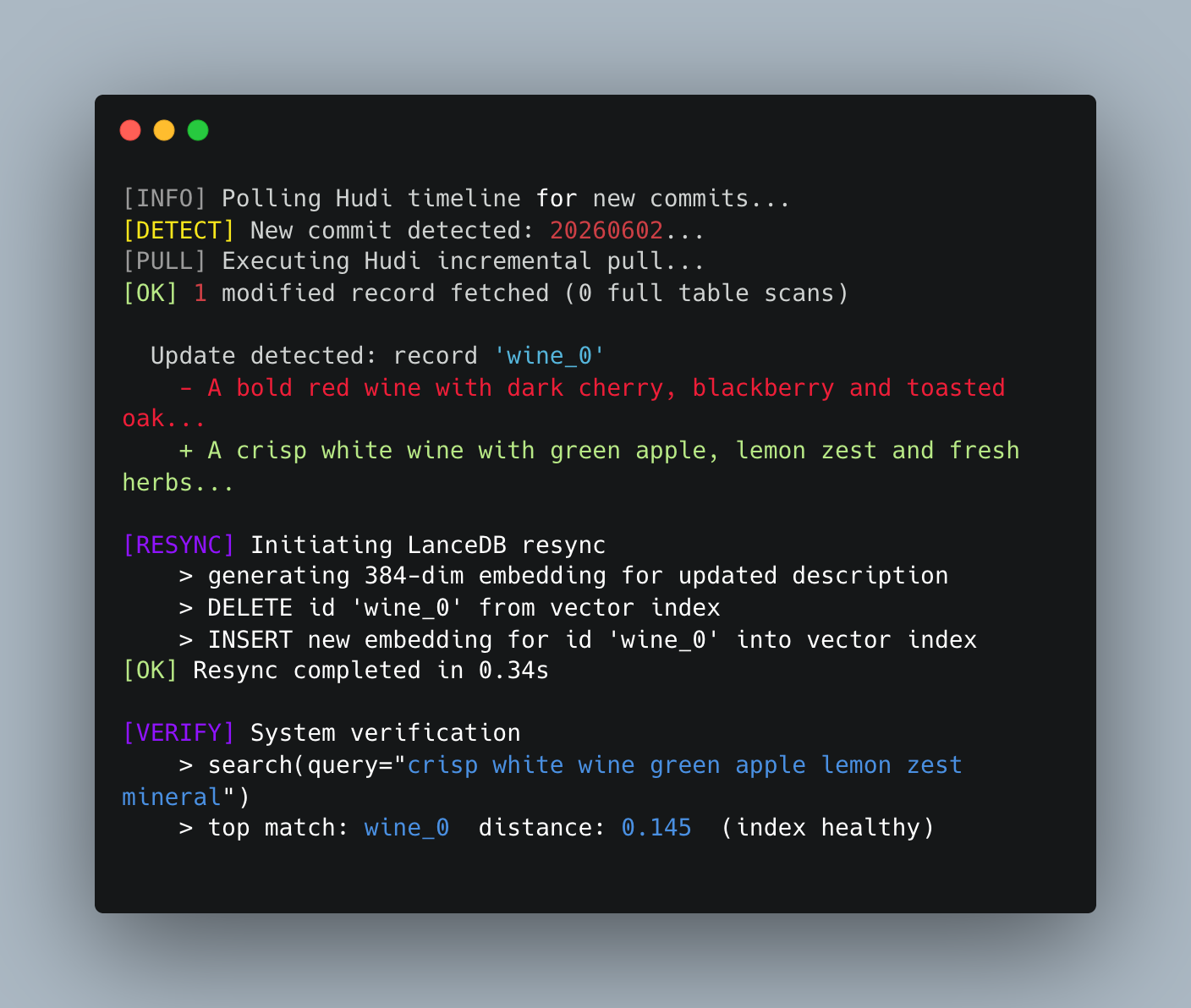 Demo terminal output showing the sync in action