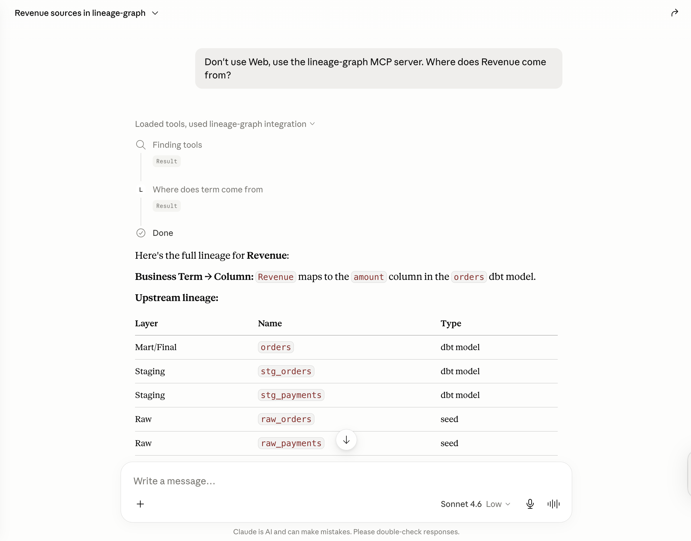 Claude Desktop answering where Revenue comes from by calling the lineage graph tool