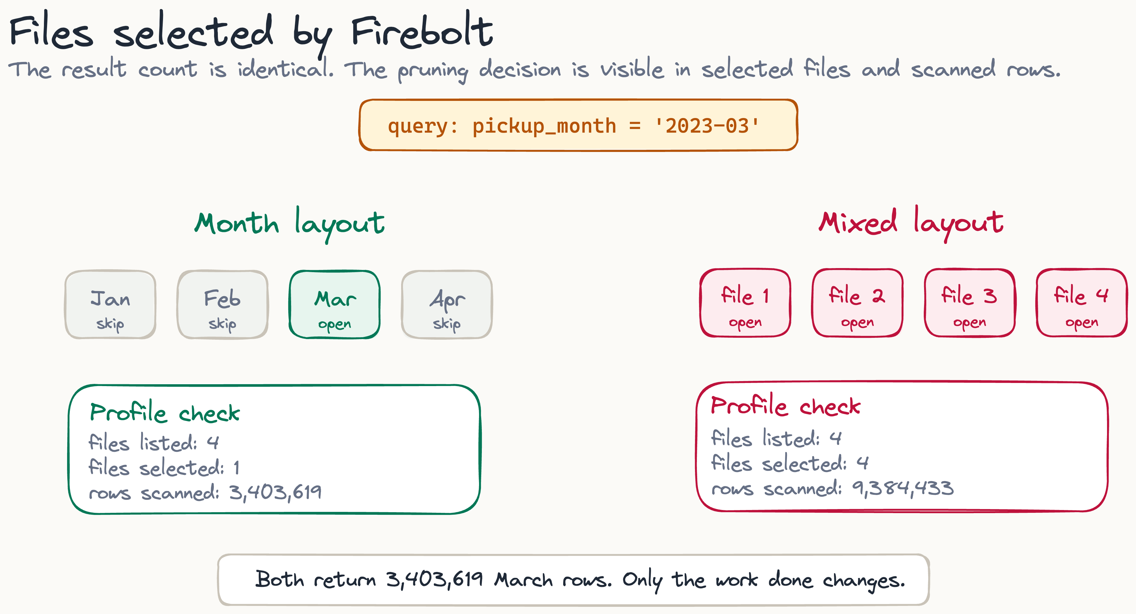 Files selected and rows scanned for the March predicate in Firebolt